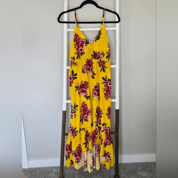 Pacific Vibes Floral Yellow Pink Hi-Lo Maxi Dress Size L Boho Feminine Beachy - Picture 4 of 13